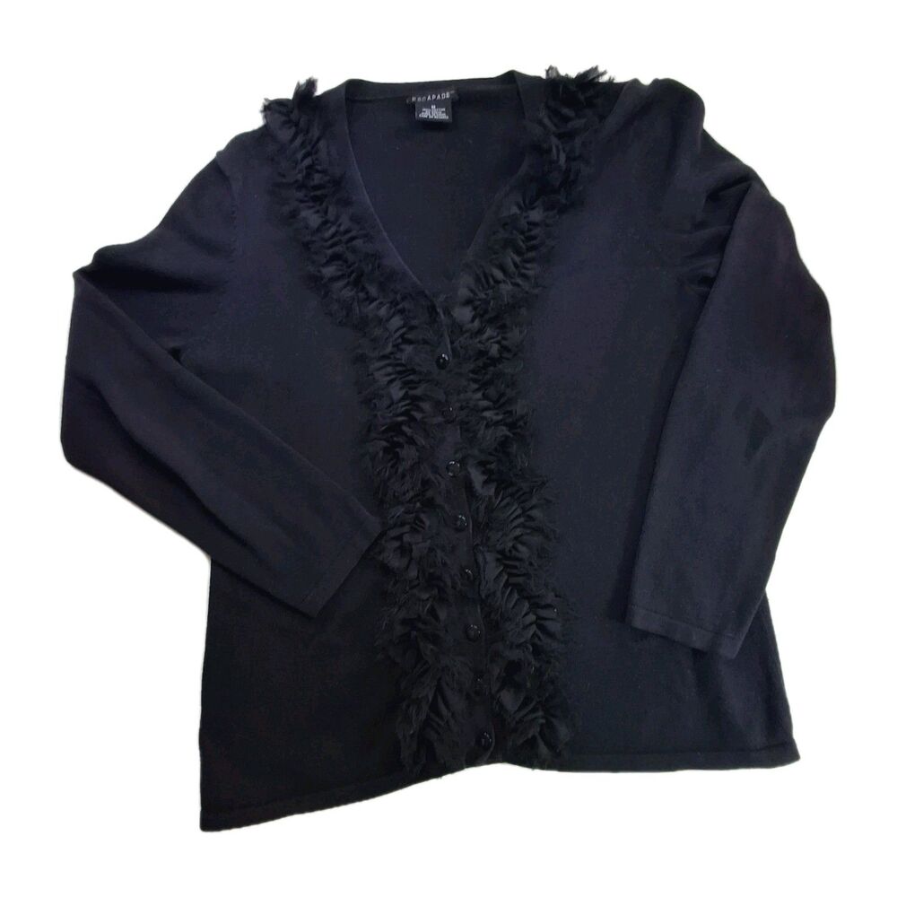 Y2K Sz M Ruffled Cardigan Sweater Button Up Black V Neck Dark Academia Gothic